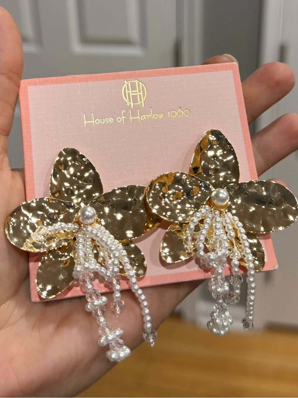House of Harlow 1960 Gold Hammered Floral Drop Earrings with Crystal Tassels